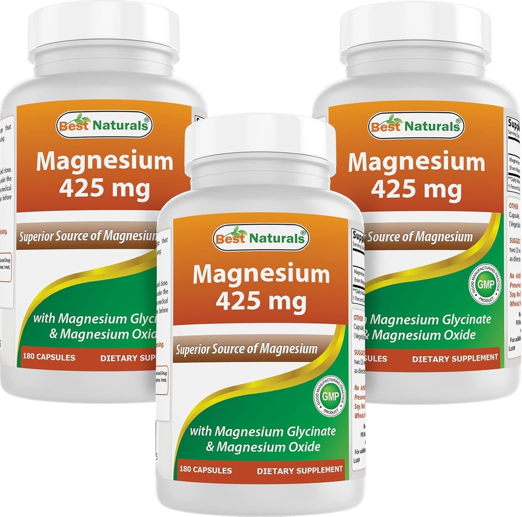 Best Naturals Magnesium 425 mg 180 Veggie Capsules - Hoge Absorptie Magnesium Glycinaat & Magnesiumoxide Gecheleerd, Non-GMO, Glutenvrije Spier Relax (180 Tel (Pack of 3))