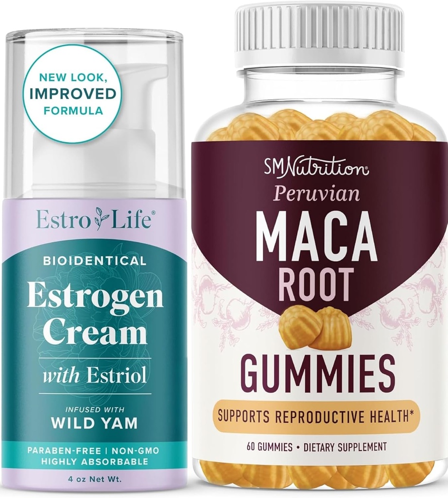 Gommies de racine de maca et crème estrogénique d'estriol Ensemble d'équilibrage d'hormone avec des Gommies de maca (30 portions) et de crème d'estrogène de pêche et de préparation avancée (80 portions)