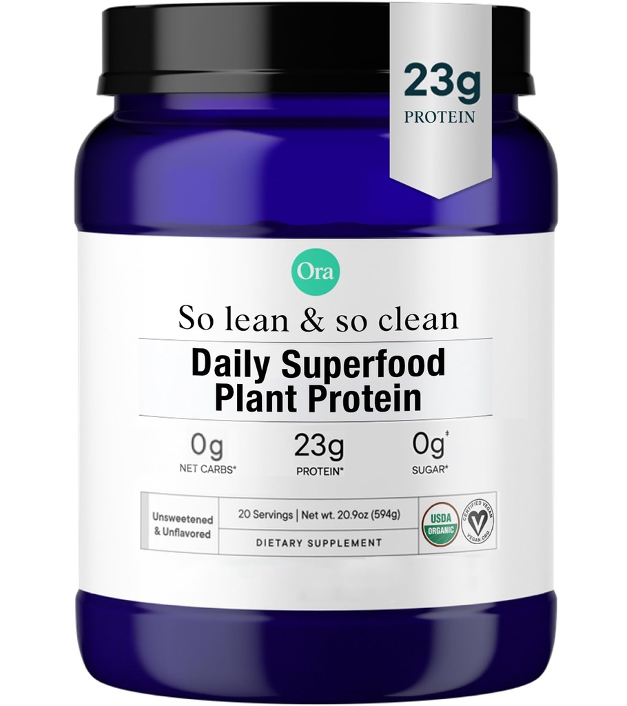 Ora Bio Vegan Protein Powder - 23g Protéine de pois à base de plantes + Superfood pour les femmes et les hommes - Non sucré et non aromatisé - 20 portions, pas d'érythritol, sans céto-friendly, sans gluten, sans paléo, sans soja