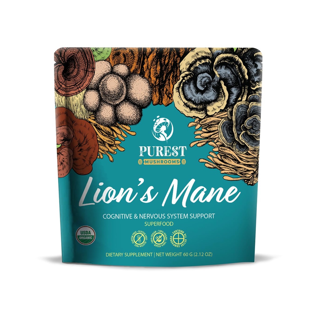 Lion’s Mane Powder - Organic Lions Mane Mushroom Extract for Cognitive & Nervous System Support - Brain Supplements for Memory and Focus 60g