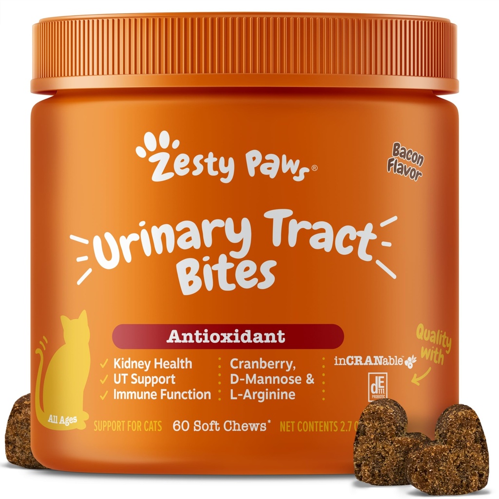 Zesty Paws Cranberry Urinary Tract Bites voor katten - Nier- en urinetrek gezondheid - Zachte kauwen met D-Mannose, Vitamine B6 & L-Arginine - Immune & Gut Support - Bacon - 60 Tellen