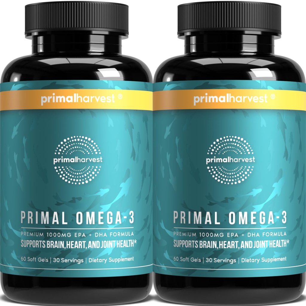 Primal Oogst Omega 3 Visoliesupplementen, 30 porties Zachte Gels Capsules w/1000mg EPA + DHA Supplementen, Geen Fishy Burps Non-GMO Omega 3 Vetzuur, 2 Pack
