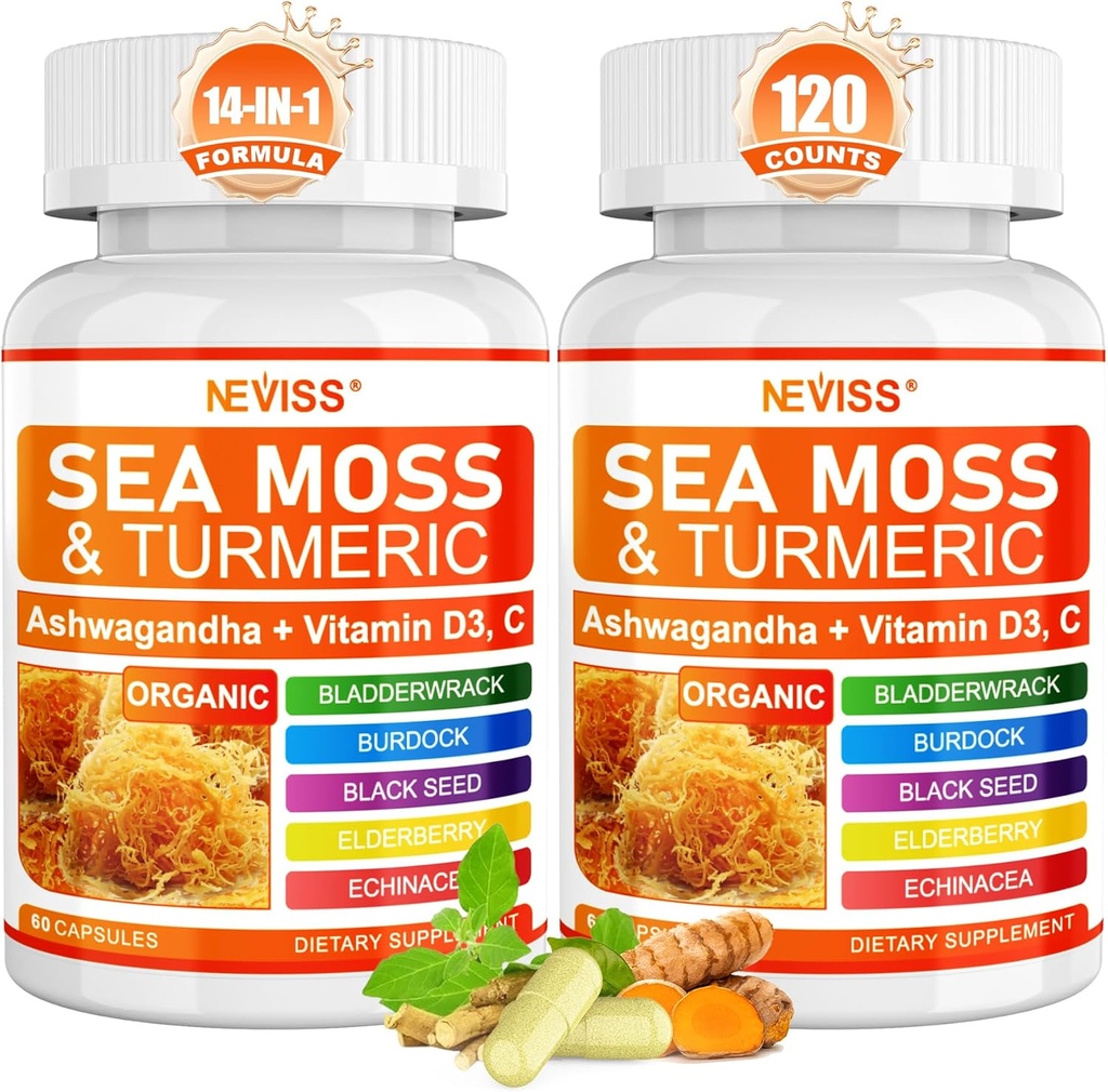 Sea Moss Capsules - Irish Sea Moss with Turmeric Plus Ashwagandha, Black See Oil, Bladderwrack, Burdock Root,Vitamin C & D3, ACV Chlorophyll 120Cts