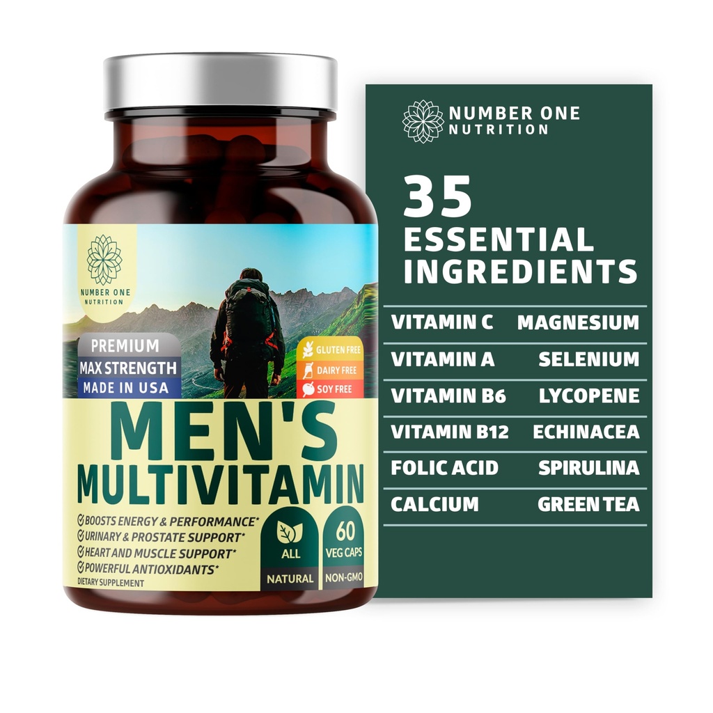 Number One Nutrition Premium Mannen Dagelijks Multivitamine Multimineral Supplement [Glutenvrij, Non-GMO], Vitaminen A C E D B1 B2 B3 B5 B6 B12, Magnesium, Biotine, Sprulina en Zink, 60 Veg Caps