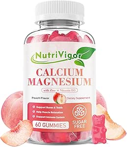 Calcium Gummies 600mg met vitamine D3, Calcium Magnesium Zink Gummies voor Bone & Immune Support, Calcium Supplement voor vrouwen & mannen, Suikervrij, Veganistisch, Perzik smaak, 60 Tellen