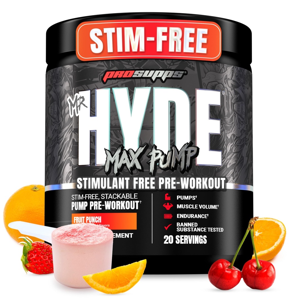 PROSUPPS De heer Hyde Max Pump Pre Workout Powder - Stim-Free Preworkout Ondersteunt de bloedstroom, spiervolume en endurance - Cafeine-Free Nitric Oxidation Gym & Fitness Supplementen (Fruit Punch, 20 porties)