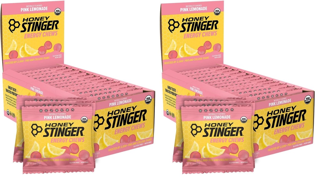 Honey Stinger Organic Pink Lemonade Energy Chew, Gluten Free & Caffeine Free, for Exercise, Running and Performance, Sports Nutrition for Home & Gym, Pre and Mid Workout, 24 Pack, 21.6 Ounce