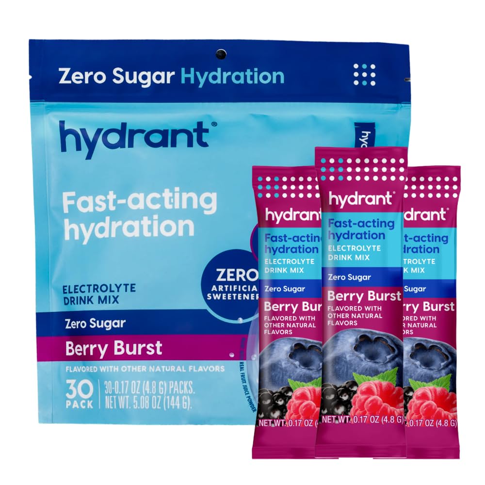 Hydrant Hydrate Zero Sugar, Individual Hydration Electrolyte Powder Stick Packets with Zero Sugar and Electrolytes for Rapid Hydration (Berry Burst, 30 Count)