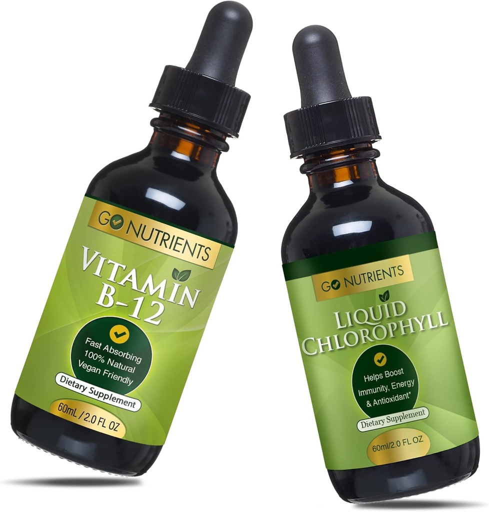 Go Nutriënten Vitamine B12 2 oz & Liquid Chlorofyl 60 ml GGO vrij, veganistisch vriendelijk, glutenvrij, sojavrij, vloeibaar Chlorofyl Vegan vriendelijk B12 Sublingual Supplement met 3000 mcg Methylcobalamine