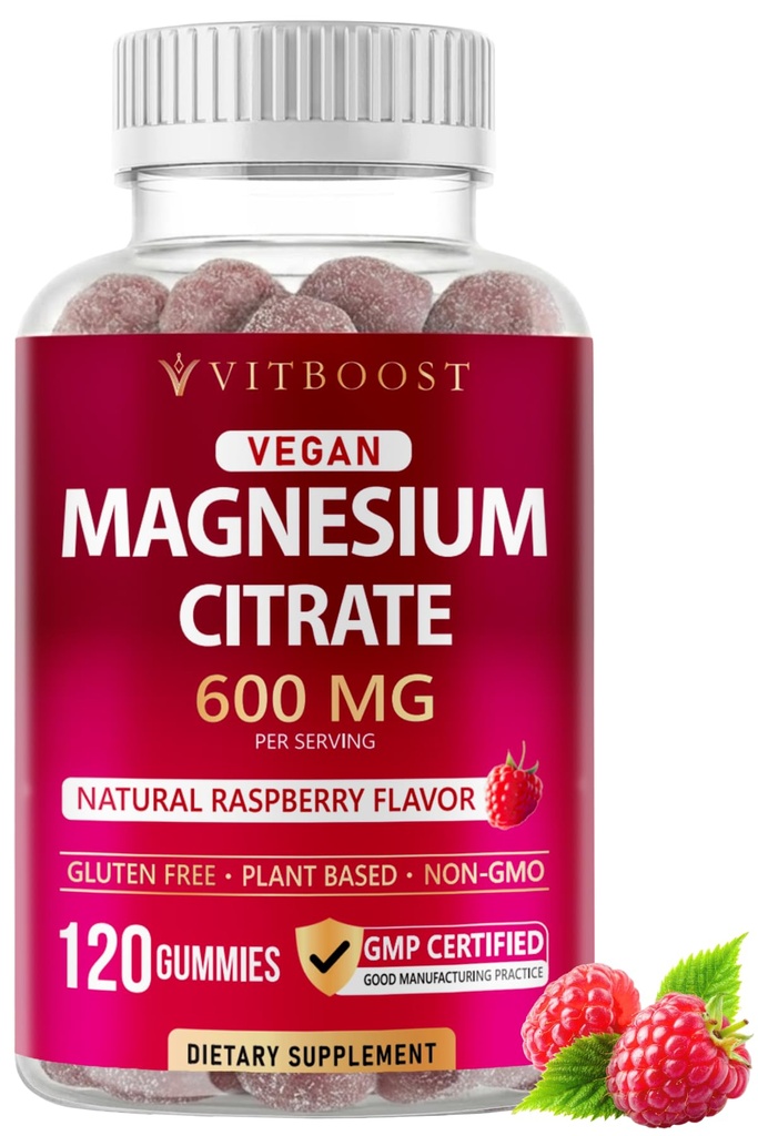 Vitboost Magnesium Citrate Gummies 600mg - 120 Count Vegan Magnesium Gummies for Relaxation & Muscle Support - Natural Raspberry Flavor - Non-GMO, Gluten Free, Plant Based