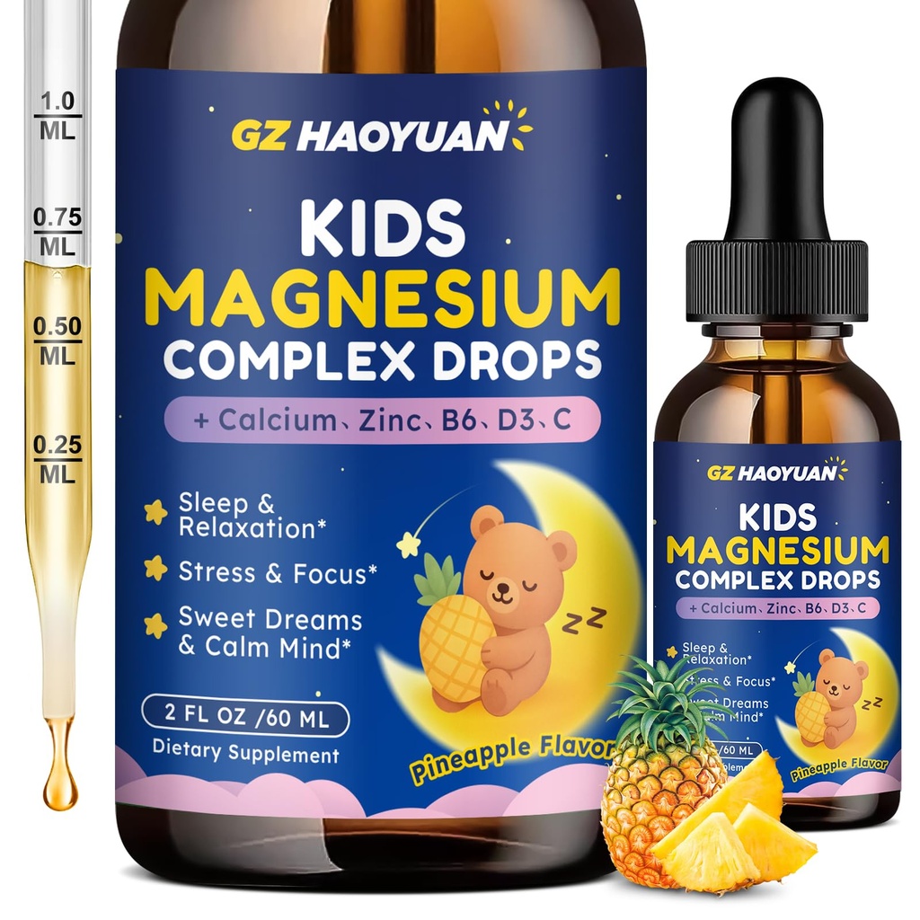 Magnesium Complex Liquid for Kids - Magnesium Glycinate, Malate, Taurate, Citrate with Calcium, Omega-3, L-theanine, Zinc,Vitamin B6 D3 C for Sleep, Relaxation, Calm & Focus, Pineapple Flavor, 2 Fl Oz