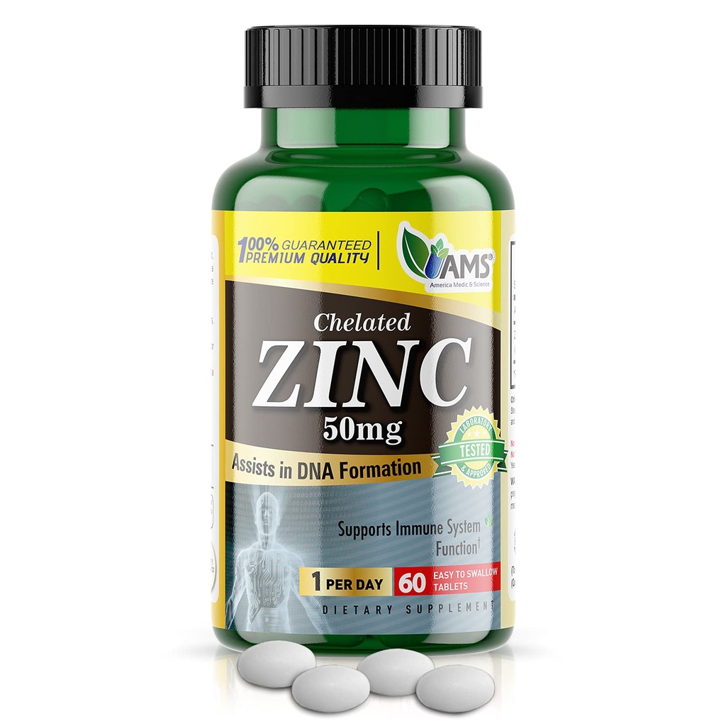 America Medic & Science Chelated Zink 50 mg Supplementen (1 Pack of 60 Tablets) Immuun Booster en krachtige antioxidant pillen voor volwassenen Mannen en vrouwen 