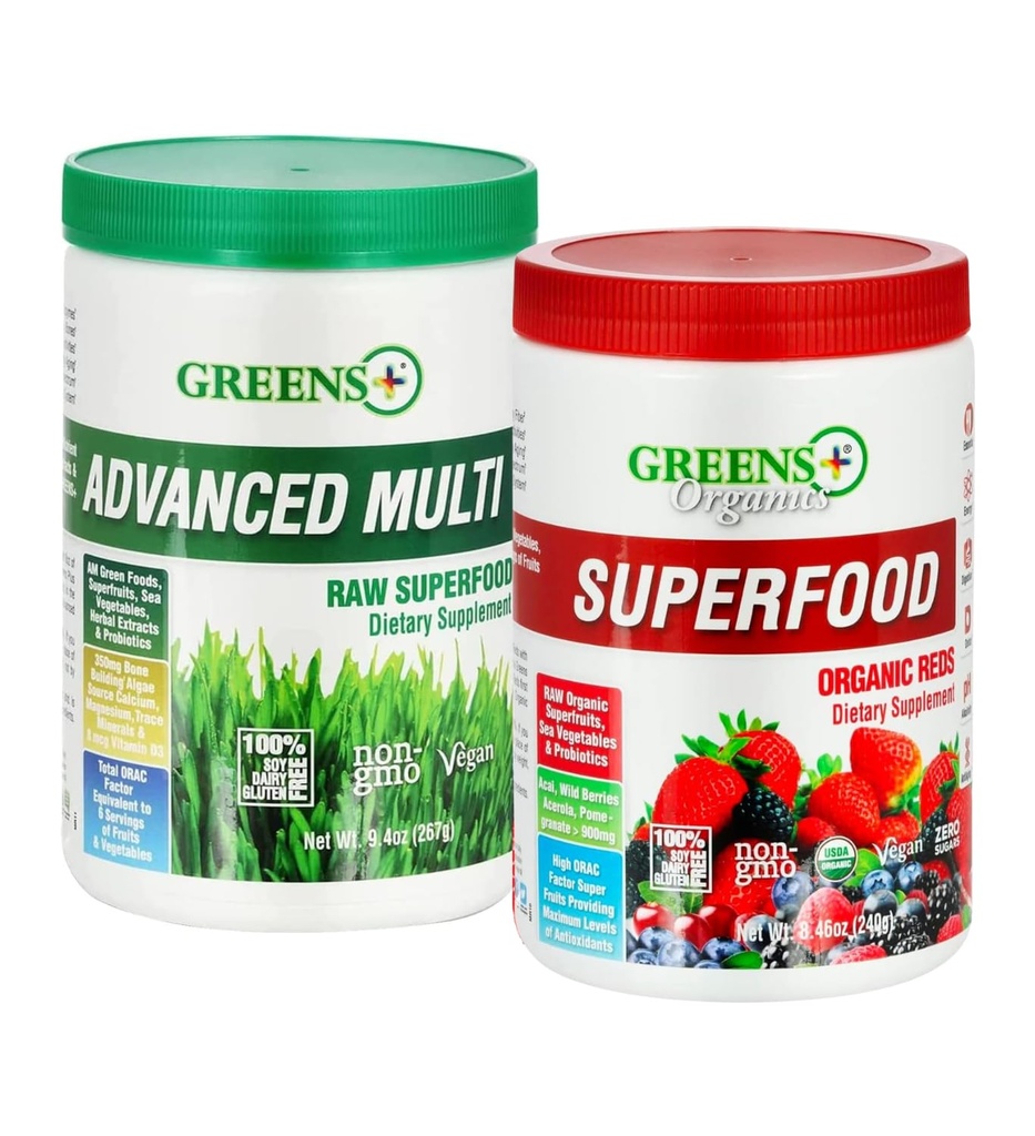 Greens+ Advanced Multi Raw Superfood Powder Organic Reds Superfood Powder, Healthy Organic Blend for Morning Vitality, Nutrition, Vibrant Health, Dietary Supplement, Vitamins, Minerals, V
