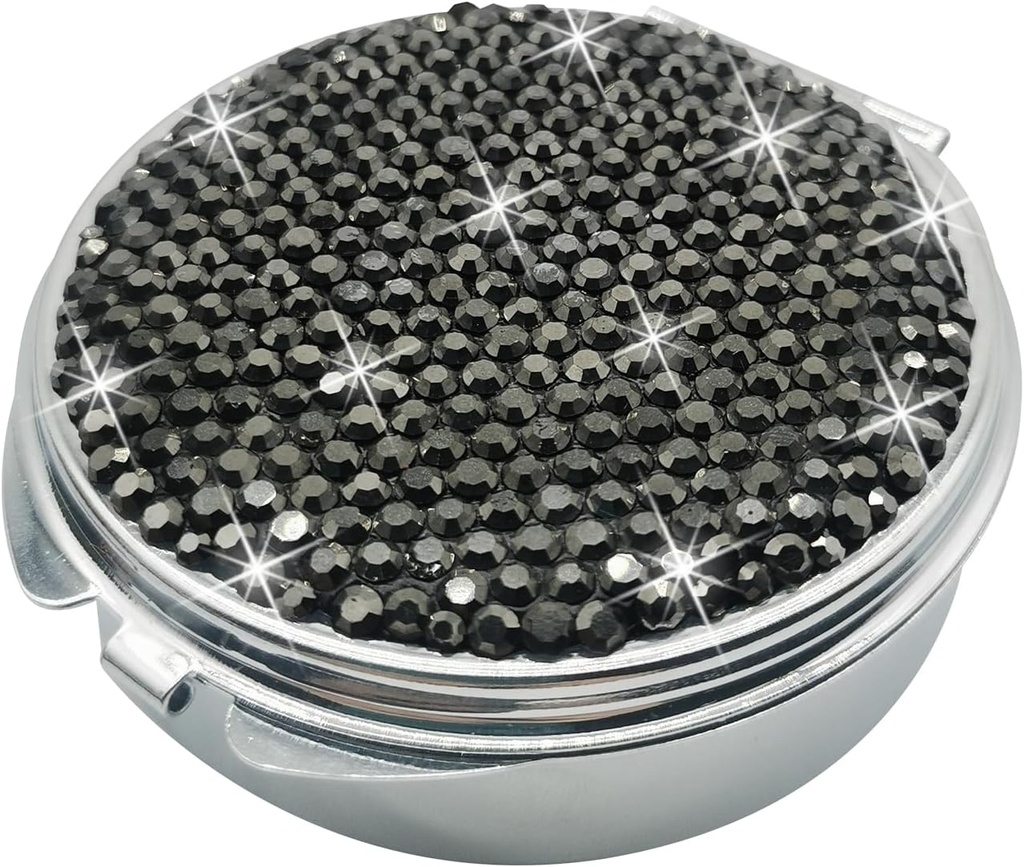 Bling Pill Case voor Purse Medicine Vitamine Container Houder Pocket Pill Case Ronde Geneeskunde Organisator voor Vitamine/Visolie/Supplement Travel Medicine Kit (3 Compartiment zwart)