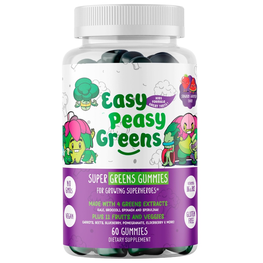 EasyPeasyGreens Daily Veggie Gummies for Kids - 60 Greens Gummies - Helps Picky Eaters Get Their Veggies in - Made with 10 Real Vegetable Extracts and 100% Vegan