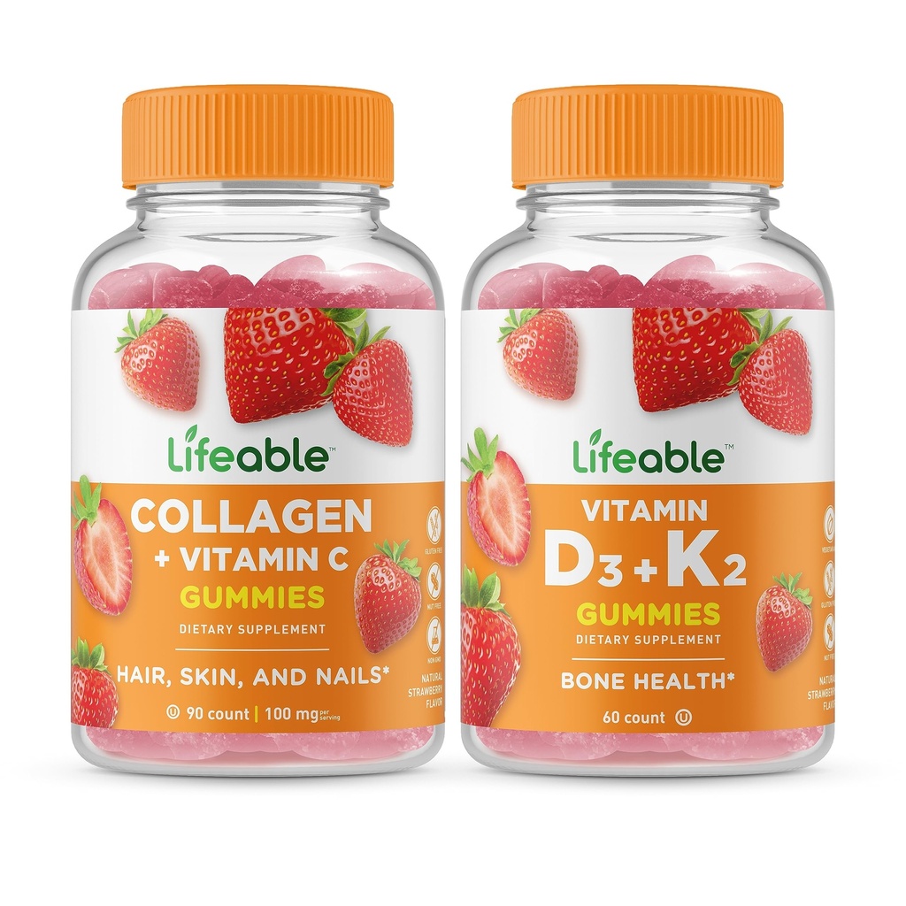 Levensbaar Collageen & Vitamine C + Vitamine D3 + Vitamine K2, Gummies Bundle - Grote Proeverij, Vitamine Supplement, Glutenvrij, GGO-vrij, Kauwbare Gummy