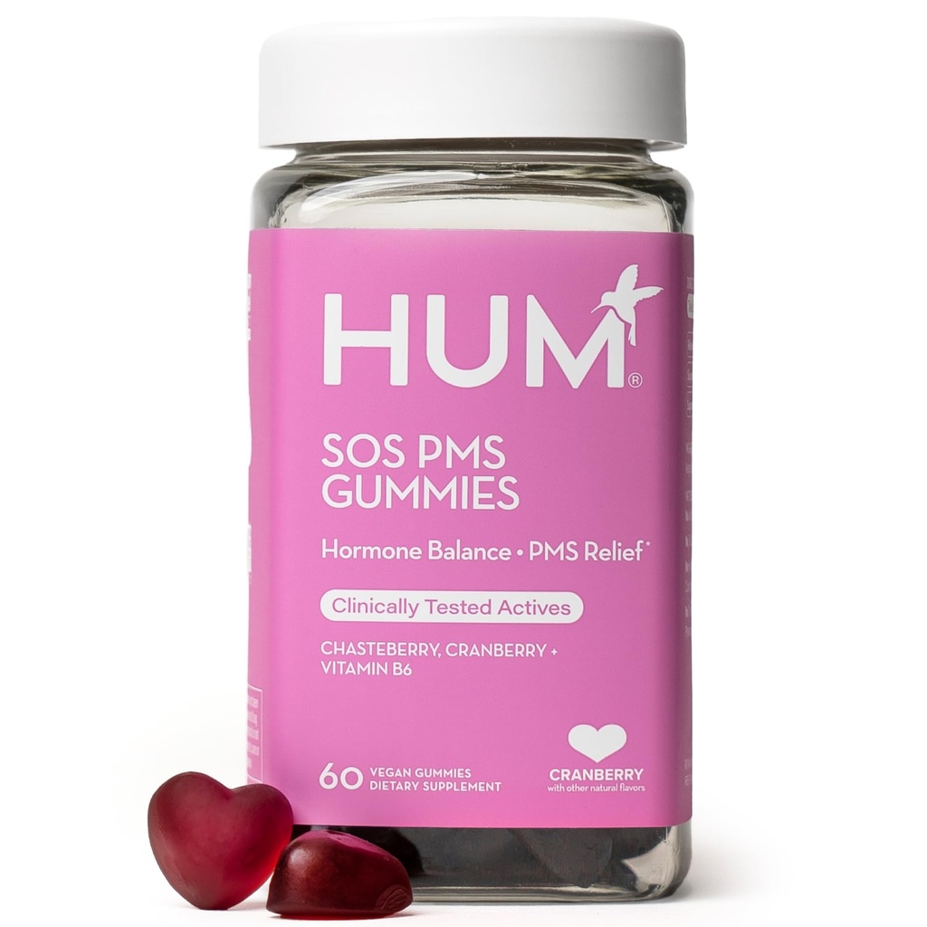 HUM Nutrition SOS PMS Gummies, PMS Ondersteuning Supplement voor vrouwen, Ondersteuning Cyclus Symptomen, Opgeblazen, Hormonale Balance, Inclusief Vitamine B6, Cranberry & Chasteberry Vitex, Glutenvrij, 60 Veganistische Gummies
