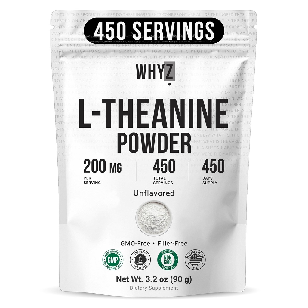 Pure L-Theanine Powder Unflavored Amino Acid Supplement Powder from Fine L-Theanine for Smooth Mixing Vegan Friendly Non-GMO No-Additives for Smoothies Drinks and Daily Nutrition Support, 3.2 oz (90g)
