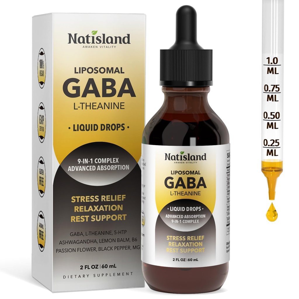 Liposomal GABA with L-Theanine Liquid Drops, GABA L-Theanine Supplement for Adults & Kids, Ashwagandha, Magnesium Glycinate, Vitamin B6, for Relaxation & Stress Relief, Lemon Flavor, 2 Fl Oz