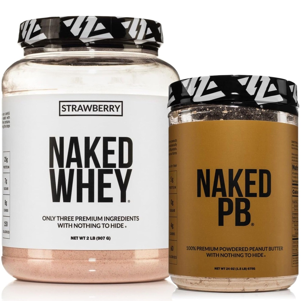NAKED Strawberry Whey Protein Powder (24 Servings) PB Powdered Peanut Butter 1.5LB (45 Servings) – Grass-Fed; Bulk; Non-GMO; Gluten Free; Soy Free; Vegan