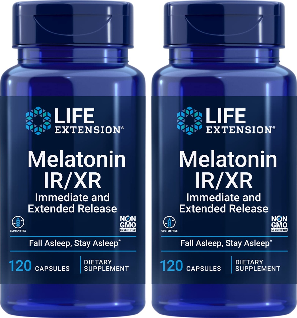Life Extension Melatonine IR/XR, 120 Capsules (verpakking 2) - Onmiddellijke en uitgebreide release gedurende 7 uur Ondersteuning - Night Time Supplement - Blijf de hele nacht slapen lang - niet-GMO, Glutenvrij
