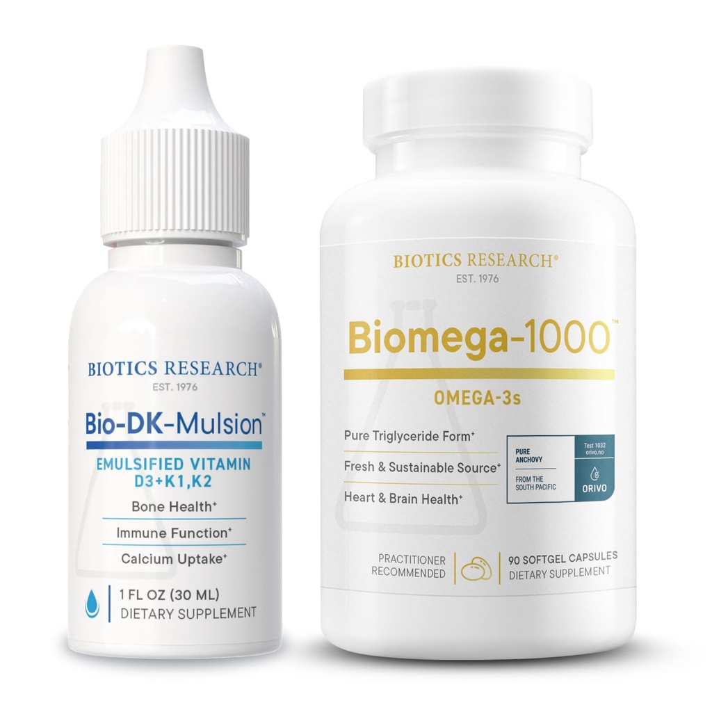 Biotics Research Bio-DK-Mulsion Liquid Vitamin D3 & K1/K2 for Bone, Heart & Immune Support + Biomega-1000 Omega-3 Fish Oil for Heart, Brain & Immune Health – 1 fl oz & 90 Softgels