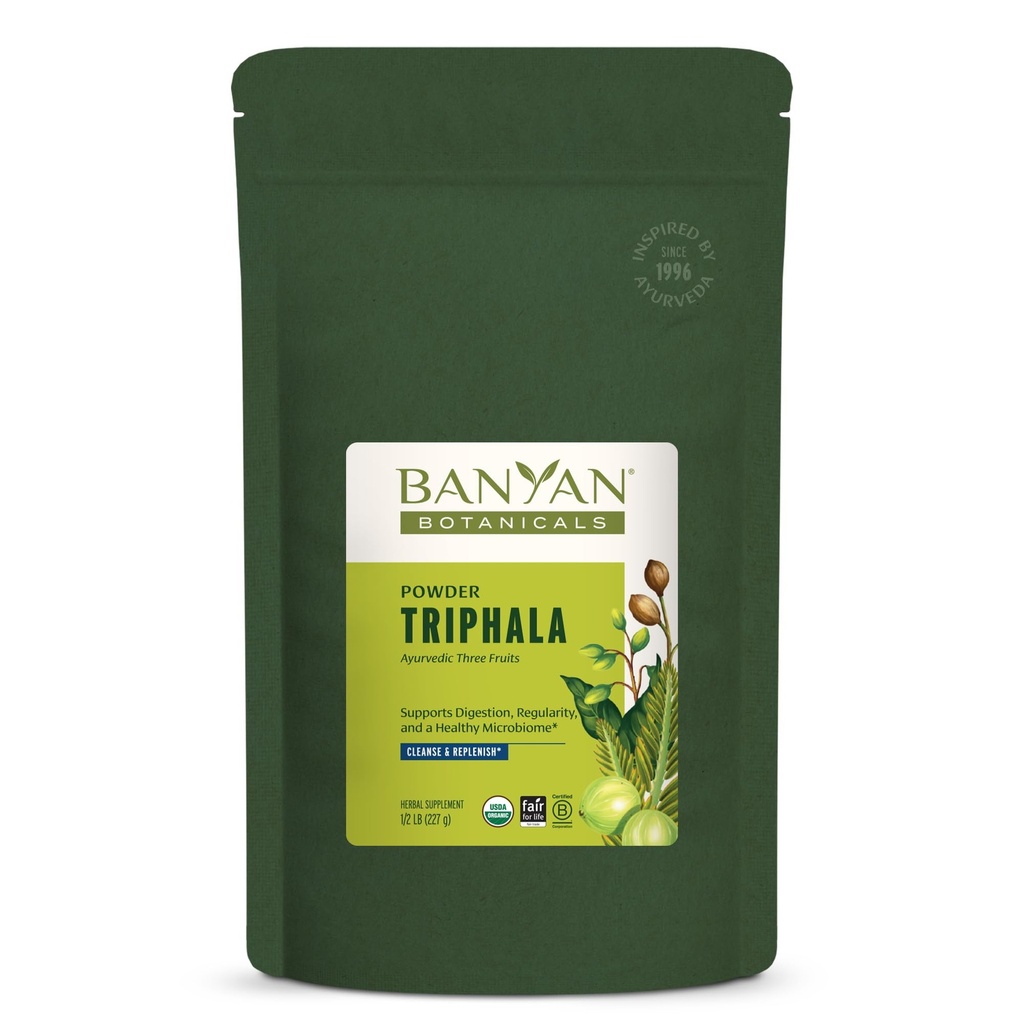 Poudre de triphala Banyan Botanicals - Supplément de digestion biologique avec Amla, Haritaki et Bibhitaki – Digestion, soutien aux colonies et microbiome git sain* – 1/2 lb – Vegan non-OGM d'origine durable