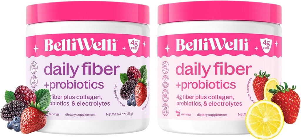 Belli Welli Daily Fiber Supplement Bundle with Collageen, Probiotics & Electrolytes, Strawberry Lemonade & Wild Berry Flavors Ondersteunt spijsvertering, Gut Balance, & Debloating