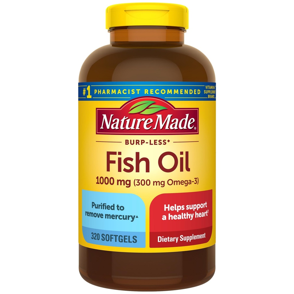 Nature Made Burp Minder Visolie Omega 3 Supplementen, 1000mg Softgels, Omega 3 Visolie Supplementen voor Gezonde Hart Ondersteuning, 320 Softgels, 160 Dagen Levering