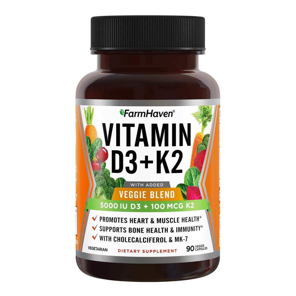 FarmHaven Vitamine D3 K2 Capsules - 5000 IE D3 en 100 mcg K2 - Cholecalciferol MK7 met Veggie Fruit Blend - Vitamine D K2 Supplement for Immune System & Heart Health - Vegetarian, Non-GMO, 90 Caps