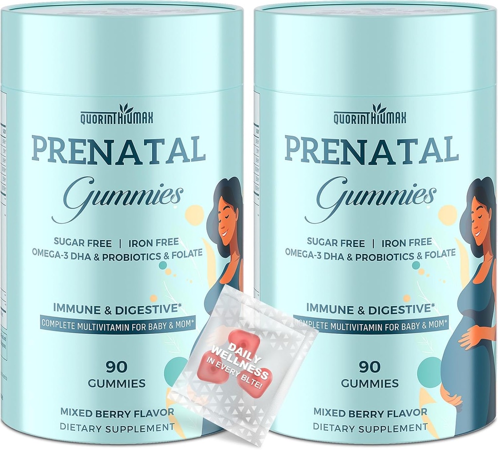 Prenatale Gummies Suikervrij 180 Graaf - Organics Prenatale Vitaminen voor Vrouwen met Folaat, DHA & Probiotica - Iron Free Prenatale Vitamine Gummies voor Immune & Digestief - 2 Flessen