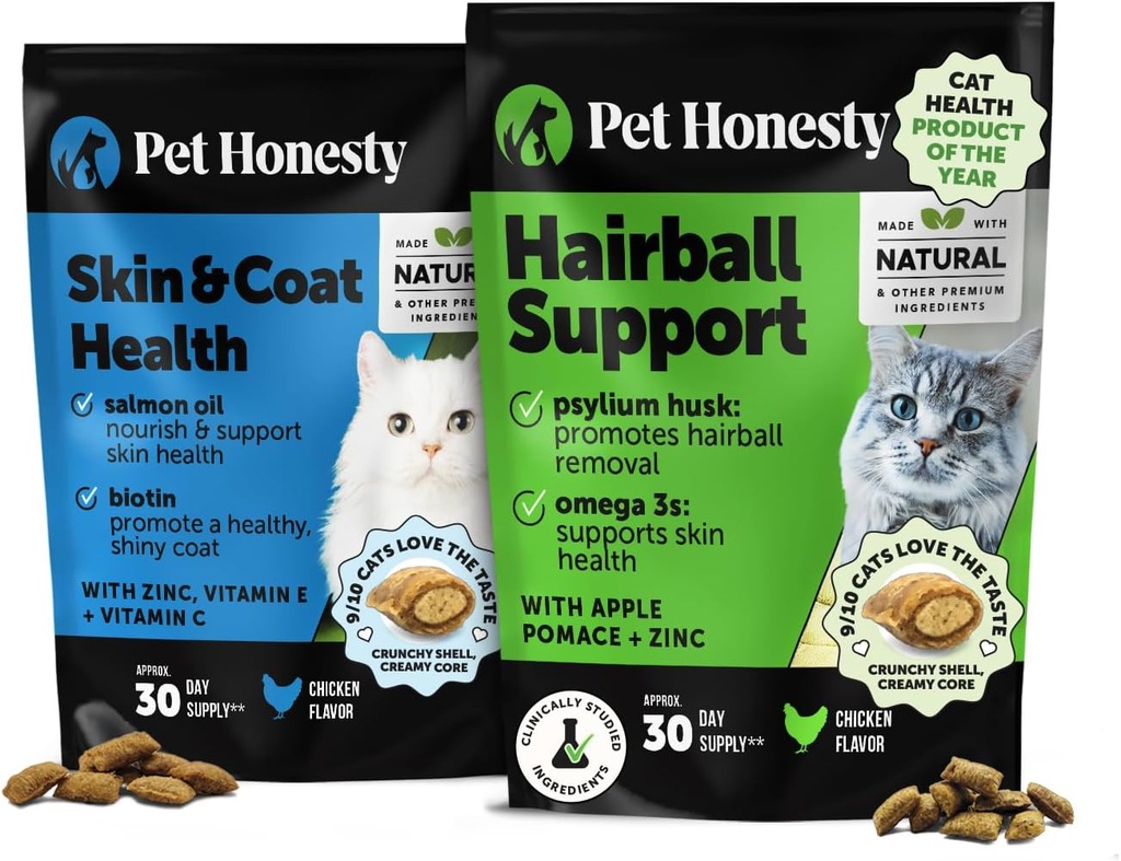 Cat Skin & Coat Health & Hairball Support Bundle: Omega's & Biotin Kauwen voor Shiny Coat & Furball Remedy (Chicken 30-Day Supply)