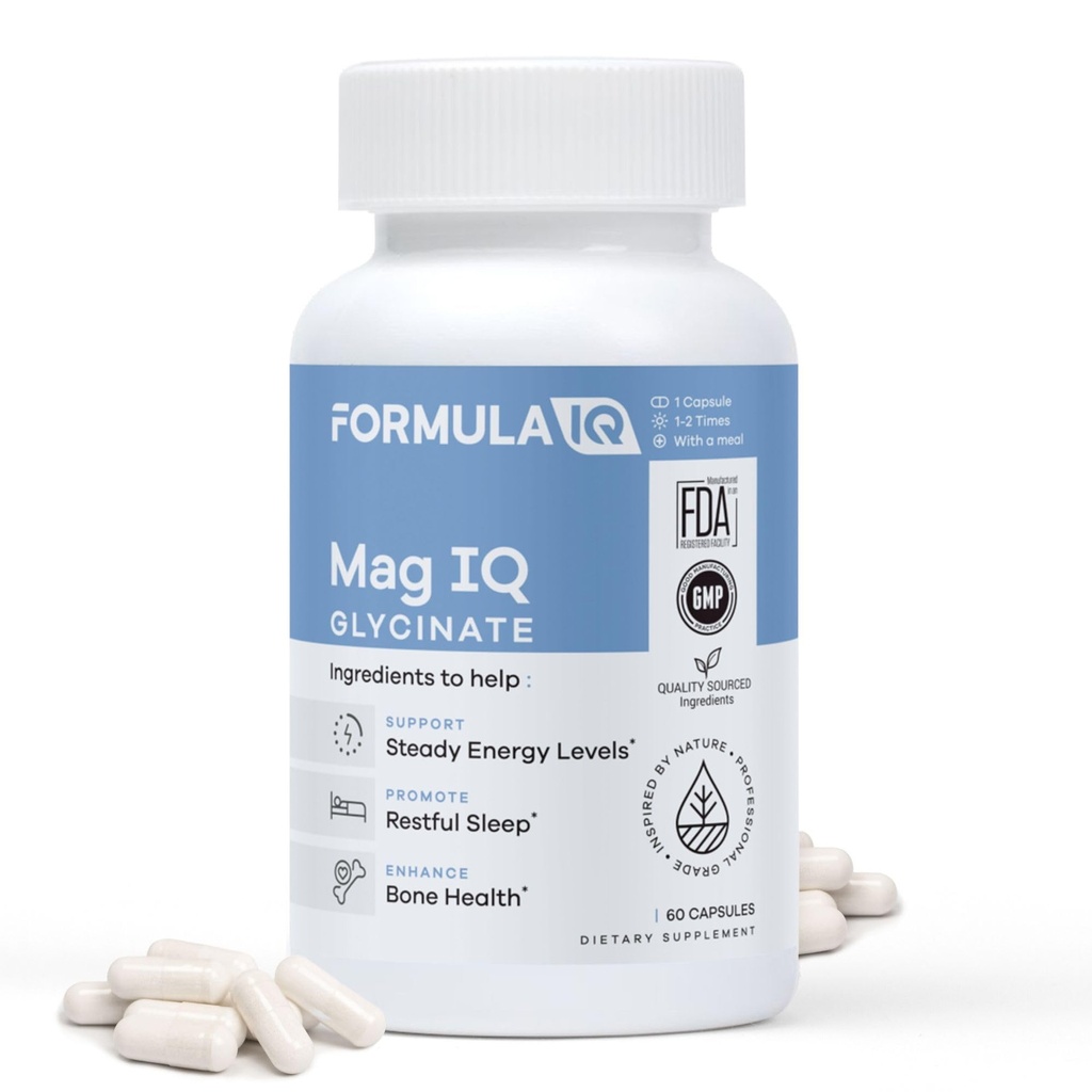 FIQ - Mag IQ Glycinate - Magnésium Bisglycinate de chélate TRAACS - Supplément de glycinate de magnésium à absorption élevée - Sommeil, énergie quotidienne et bien-être des os - 60 capsules