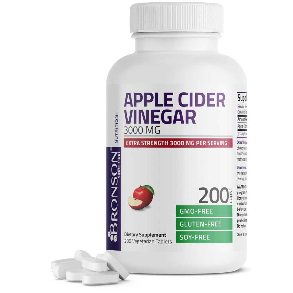 Bronson Apple Cider Vinegar 3000 MG per Serving Extra Strength - Non-GMO, 200 Vegetarische Tablets