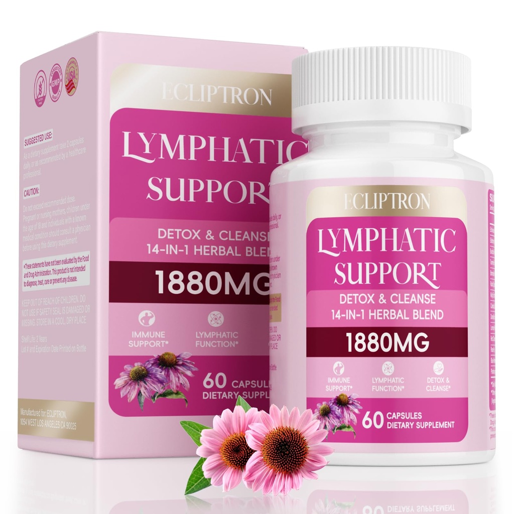 Lymphatic Drainage Supplement 1880 mg, Lymphatic System Support Supplement with Echinacea, Dandelion, Turmeric, Burdock, Elderberry, and Calendula, Lymph Detox Cleanse & Immune Support, 60 Capsules