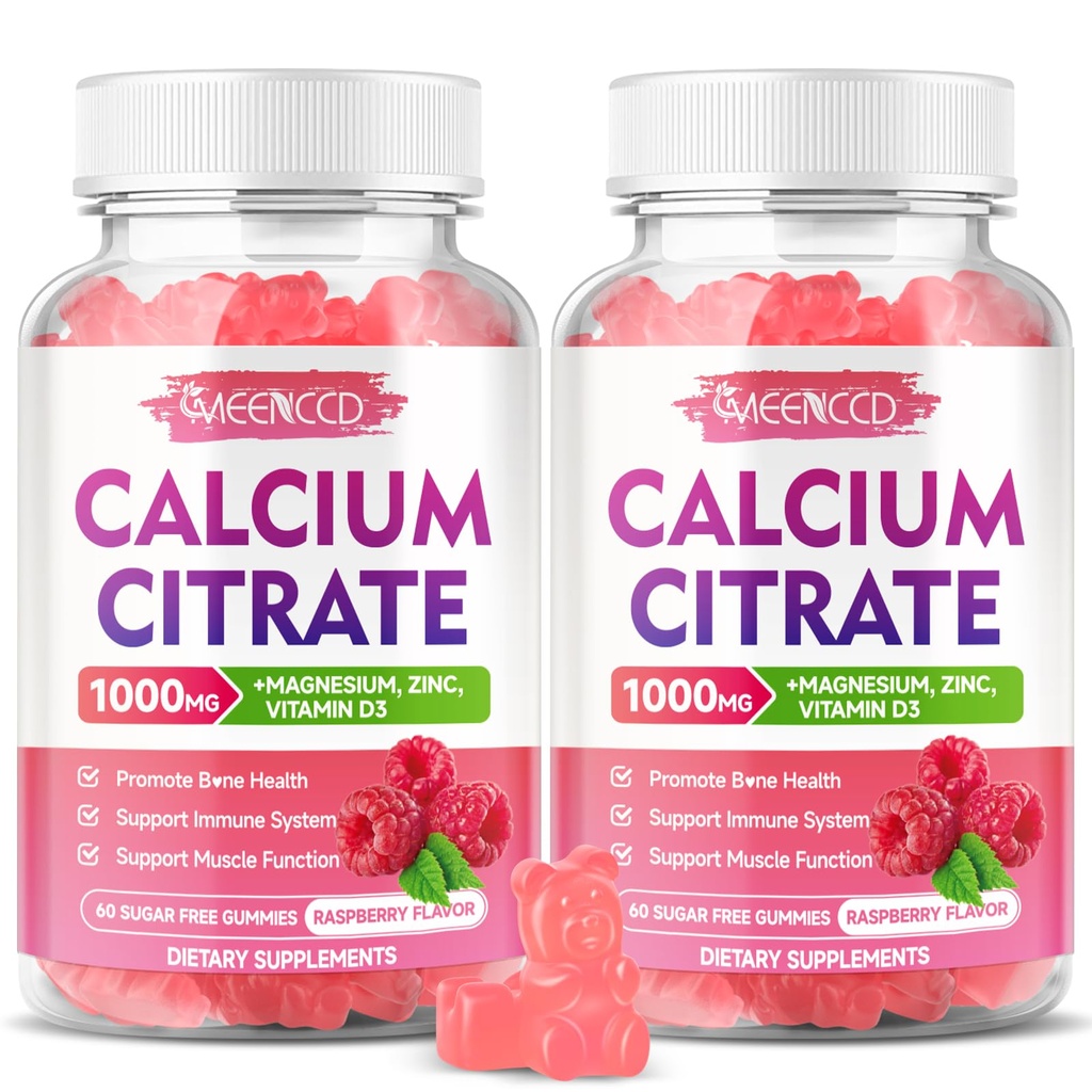 2 Pack Calcium citraat Gummies 1000mg w/Vitamine D3, Hoge Absorptie Calcium Gummies voor Vrouwen & Men, Plus Magnesium, Kalium, Zink voor Spier & Immune, Raspberry Flavor, 120 Tellen