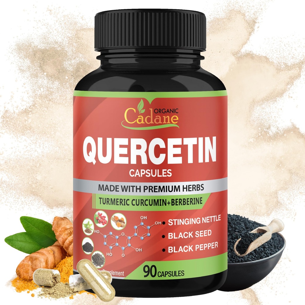 Organic Cadane Quercetin Extract Capsules - Combined Turmeric, Berberine, Nettle Leaf & More - 90 Capsules, 3 Months Supply