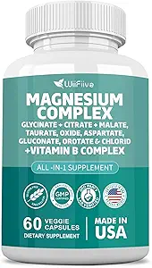 Magnesium Complex Supplement, Clycinate 141mg Oxide 228mg Malaat 58,5mg Citrate 62,4mg met Orotaat Glycina Tauraat Chloride Aspartaat Gluconaat Vitamine B, Max Absorptie, Glutenvrije, Non-GMO