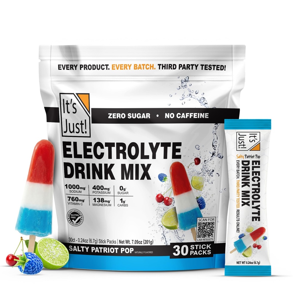 It's Just! - Electrolyte Drink Mix, Zero Sugar, 30 Count Travel Ready Hydration Packets, 1000mg Sodium, Gluten Free, Non-GMO, No Caffeine (30 Count, Salty Patriot Pop)