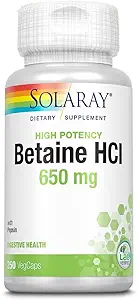 Solaray Betaine HCL avec Pepsin, formule d'acide chlorhydrique à haute puissance, supplément de digestion saine, enzymes digestives pour le soutien de la santé Gut, garantie de 60 jours, 250 portions, 250 VegCaps