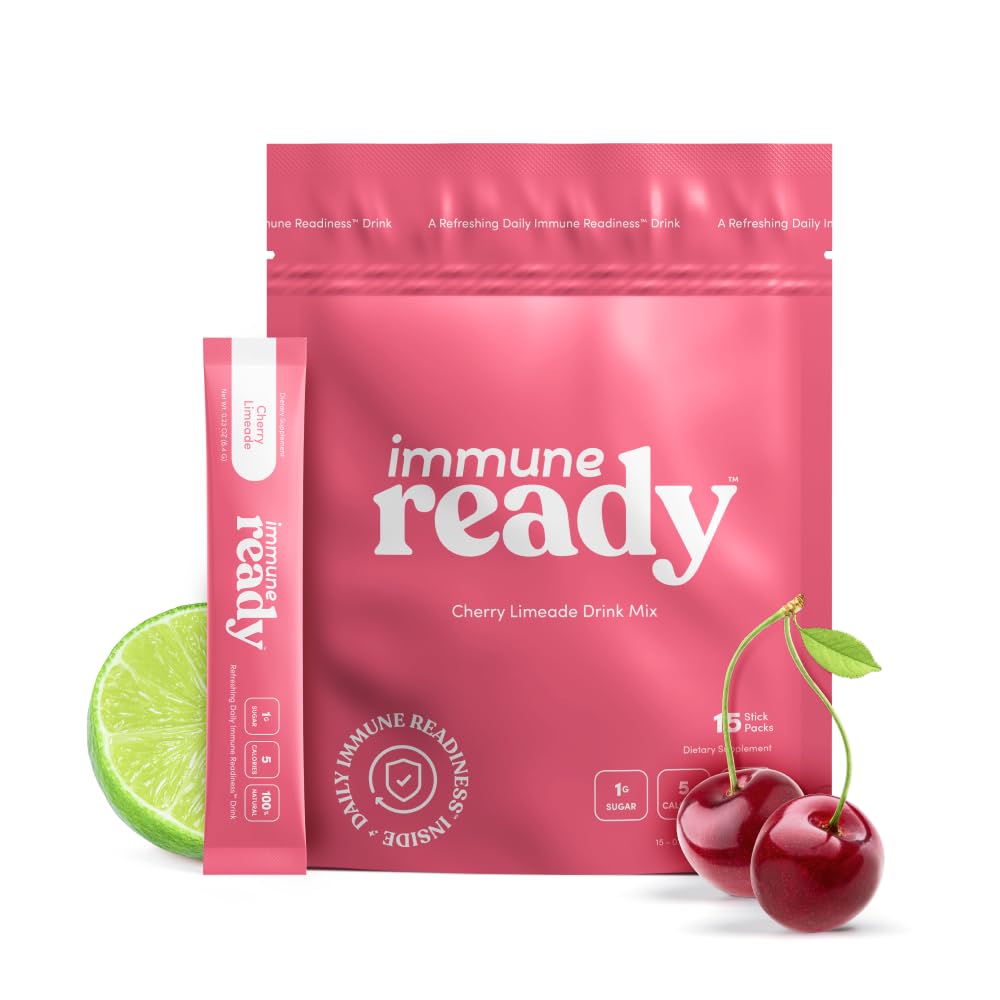 Immune Ready™ Immune Boost Drink Mix - Combo Immune Support, Gut Health, & Electrolyte Powder Packets with Vitamin C, Beta Glucan, Zinc, D3, Pre & Probiotics - Cherry Limeade - 15 Pack