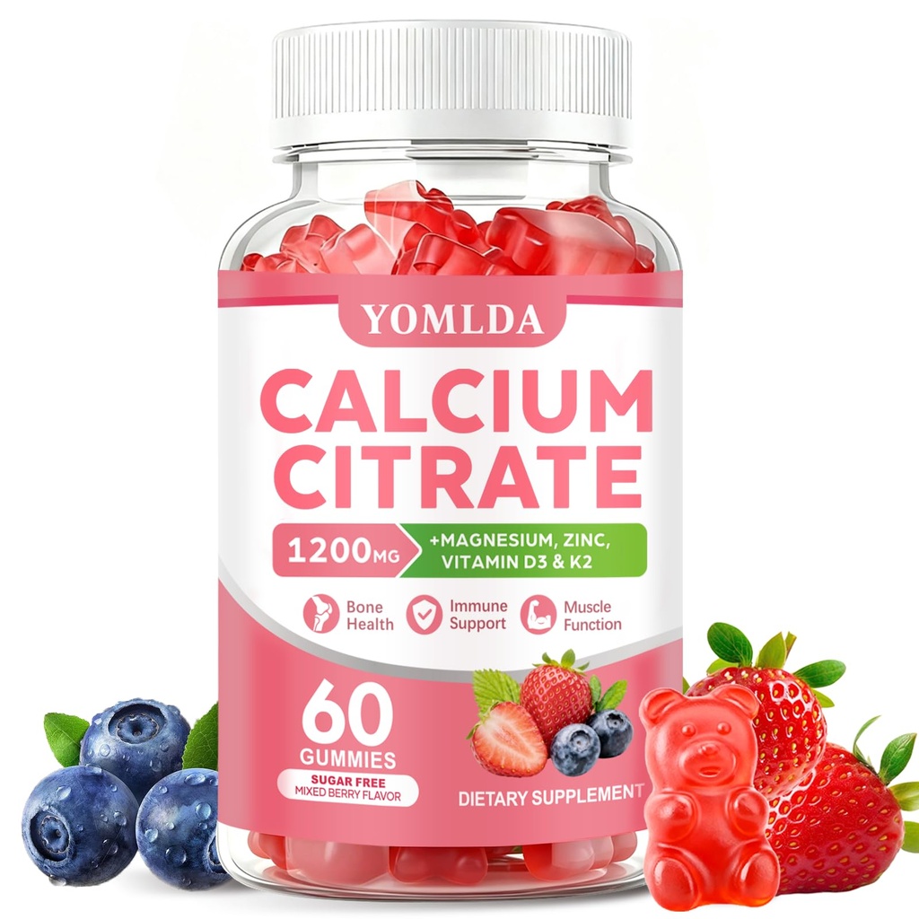 Calcium Citrate Gummies 1200 mg with Vitamin D3 & K2 for Women & Men, Calcium Gummies Sugar Free, Vegan, High Absorption, Easy to Digest for Bone, Muscle & Immune Support, Mixed Berry Flavor