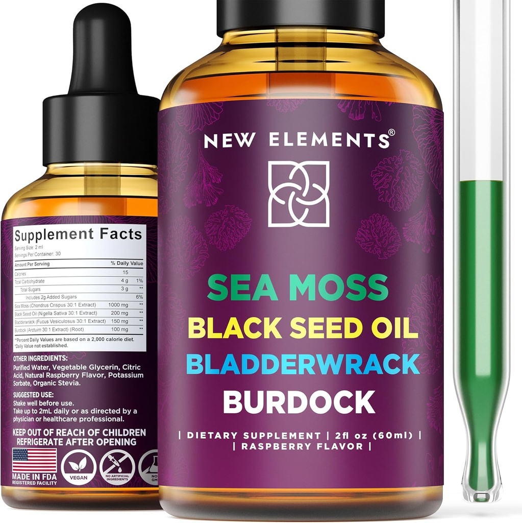 Biologische Zee Moss Liquid Extract met Zwarte Zaadolie, Bladderwrack & Burdock Root 