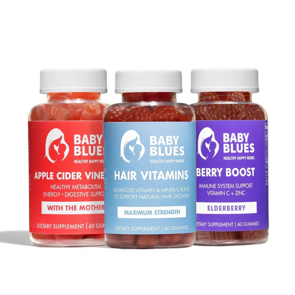 Baby Blues Postpartum Essentials Pack for New Moms, 3 Pack Postpartum Vitamin Kit with Hair Vitamins, Apple Cider Vinegar and Elderberry Gummies, Hair Energy and Immune Support, 180 Count