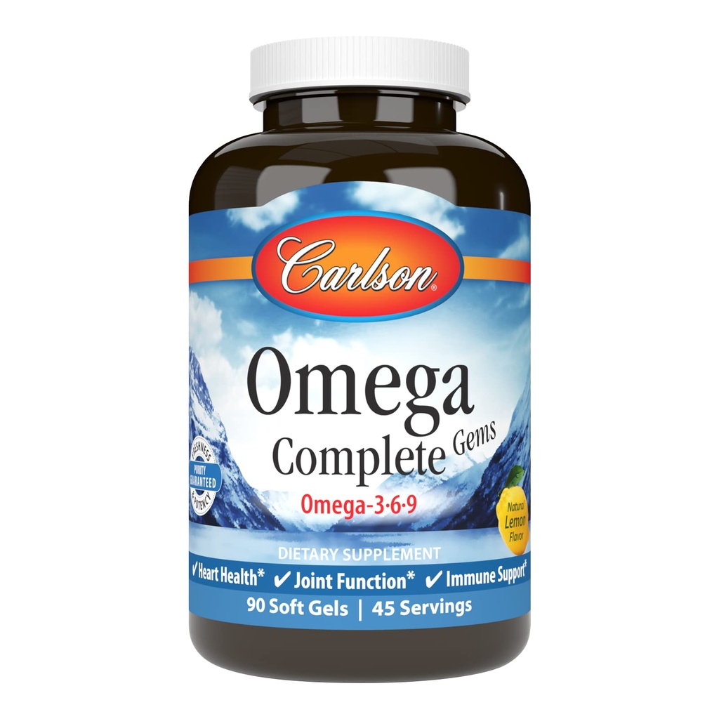 Carlson - Omega Complete Gems, Omega-3-6-9, Wild Caught, Sustainablely Sourced, Heart Health, Joint Function & Immune Support, 90 Softgels