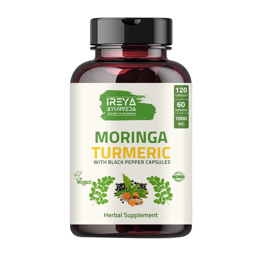 Bio Moringa Oleifera Poudre et poudre de racine curcuma avec Blackpepper 120 Capsules.Fabriqué avec Bio Moringa, Turmeric et Black Pepper.