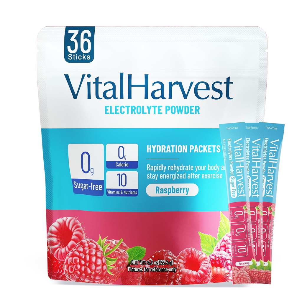 36 Sticks Electrolytes Powder Packets Sugar Free Hydration Packets Electrolyte Liquid Daily IV Drink Mix with Raspberry, Low Sodium, 0 Calorie