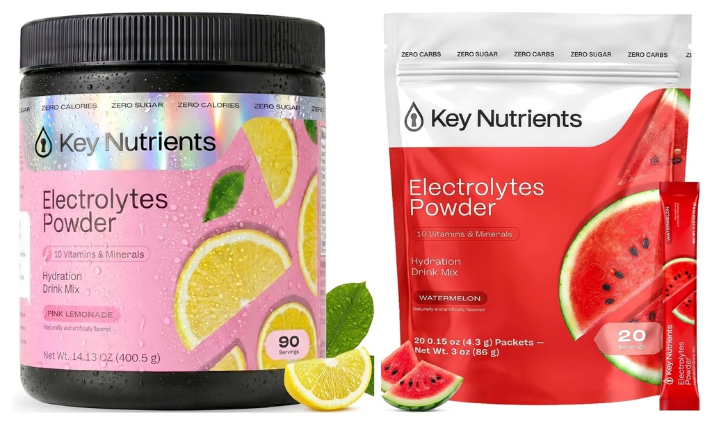 KEY NUTRIENTS Electrolytes Powder Bundle, Sweet Pink Lemonade 90 Servings Jar + Juicy Watermelon 20 Count Packets, Sugar Free Hydration Travel Drink Mix with Vitamins & Minerals, No Calories