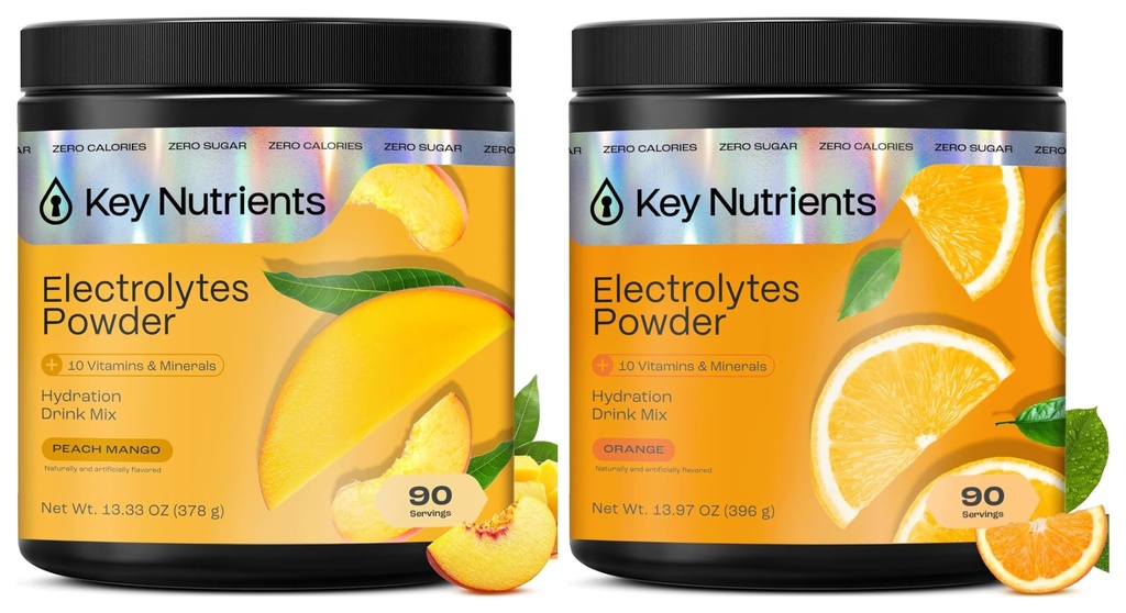 KEY NUTRIENTS Electrolytes Powder Bundle, Tropical Peach Mango 90 Servings Jar + Tangy Orange 90 Servings Jar, Sugar Free Hydration Drink Mix with Vitamins & Minerals, No Calories