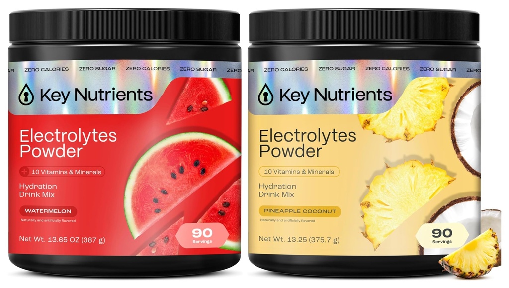 KEY NUTRIENTS Electrolytes Powder Bundle, Juicy Watermelon 90 Servings Jar + Tropical Pineapple Coconut 90 Servings Jar, Sugar Free Hydration Drink Mix with Vitamins & Minerals, No Calories